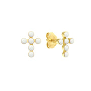 Pearled Cross Earrings, White, Yellow Gold