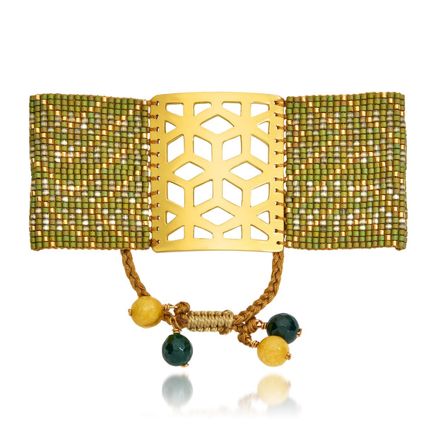 ReRe Wide Khaki, Green, Gold Beaded bracelet