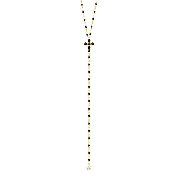 Pearled Cross Diamond Rosary, Black, Yellow Gold
