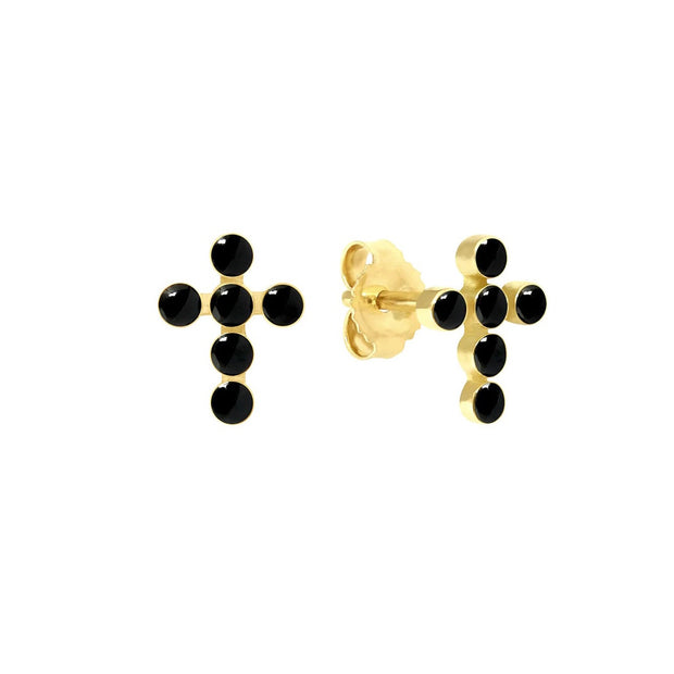 Pearled Cross Earrings, Black, 18k Yellow Gold
