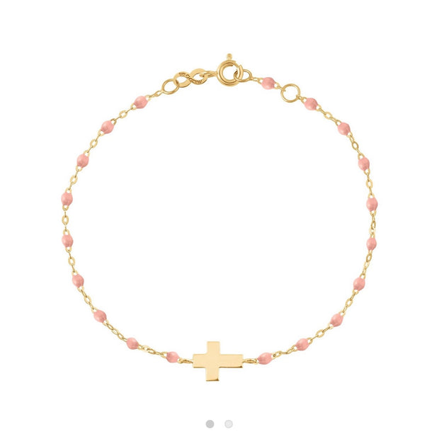 Cross Charm Classic Gigi Baby Pink bracelet, Yellow Gold, 6.7"