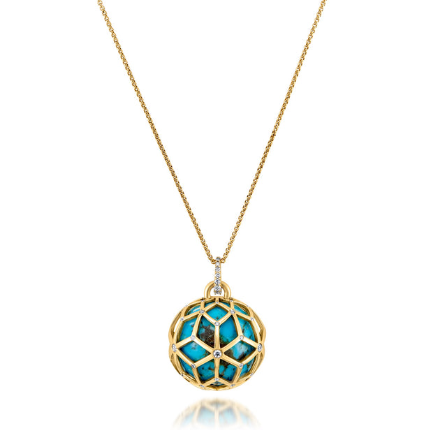 Large Closed Hex Ball, Turquoise, Diamond Pendant Necklace
