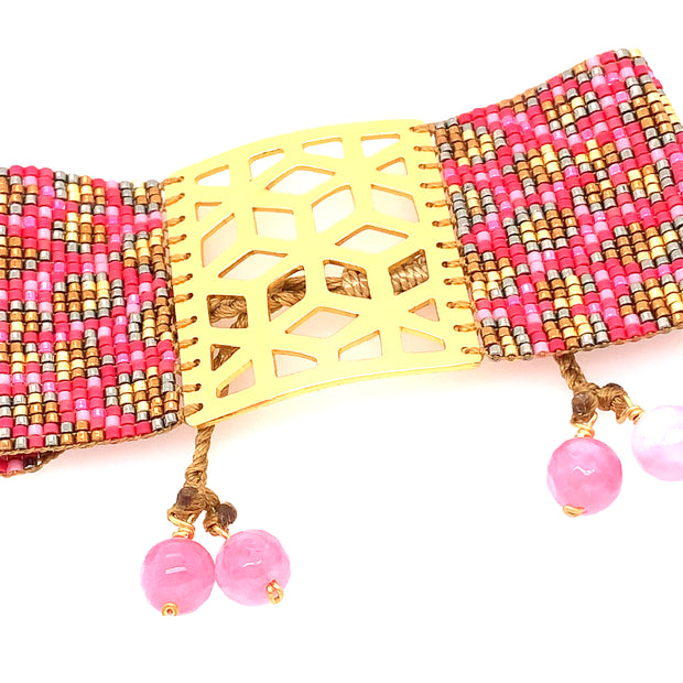 ReRe Wide Bright Pink and Gold Leopard Beaded bracelet