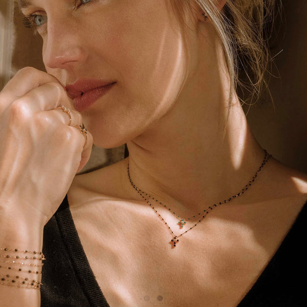 Pearled Cross Diamond Necklace, Black, Yellow Gold, 16.5"