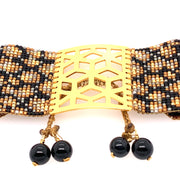 ReRe Wide Black and Gold Leopard Beaded Bracelet