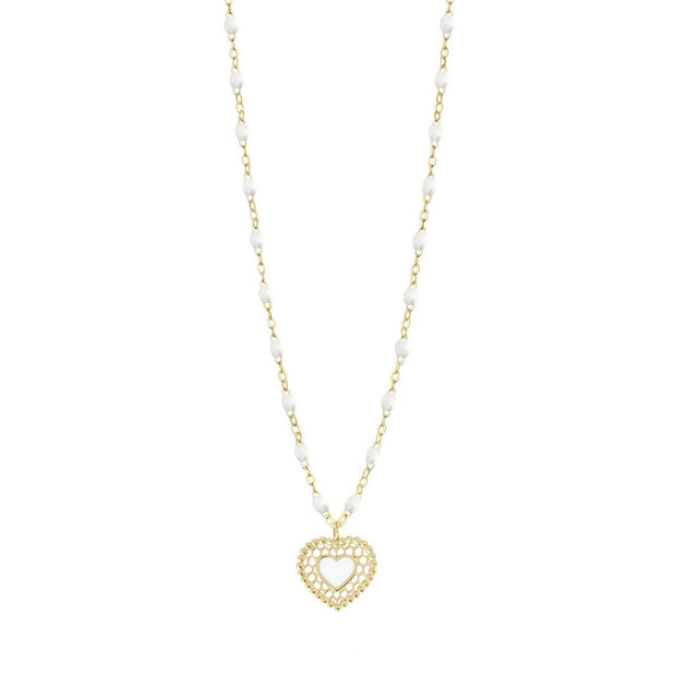 White Lace Heart Necklace, Yellow Gold, 16.5"