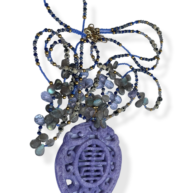 Purple Carved Stone and Gemstone Necklace