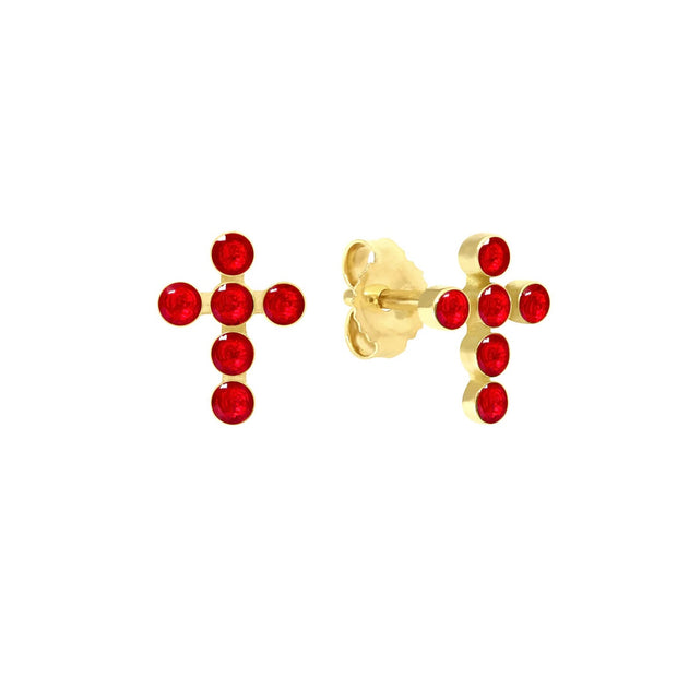 Pearled Cross Earrings, Ruby, Yellow Gold