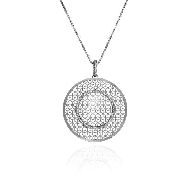 Large Silver Circle Hex pendant on Chain with White Sapphires
