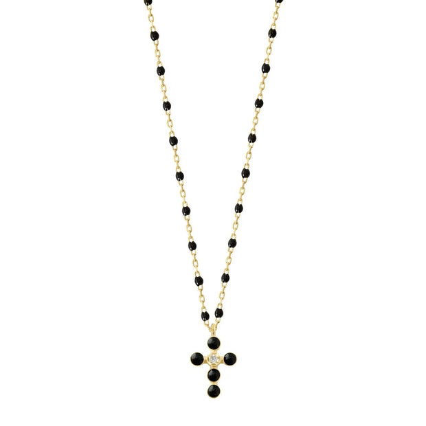 Pearled Cross Diamond Necklace, Black, Yellow Gold, 16.5"