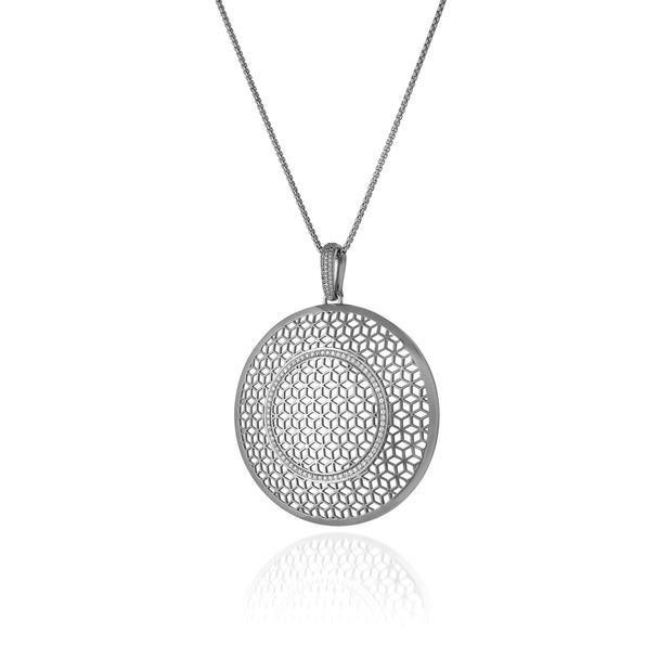 Large Silver Circle Hex pendant on Chain with White Sapphires