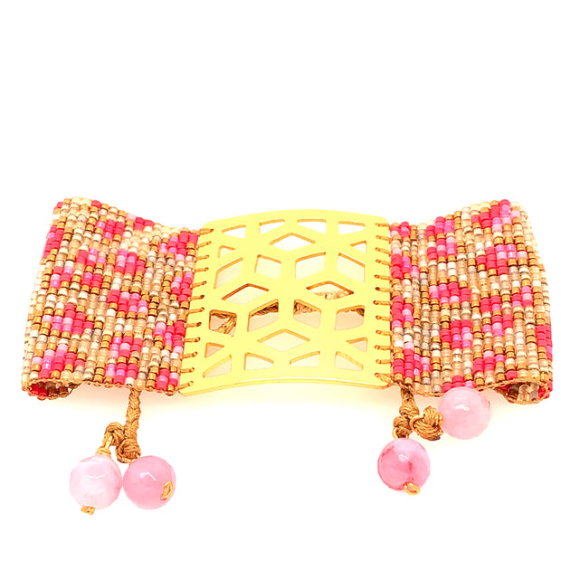ReRe Wide Brown, Gold, Bright Pink Beaded Bracelet