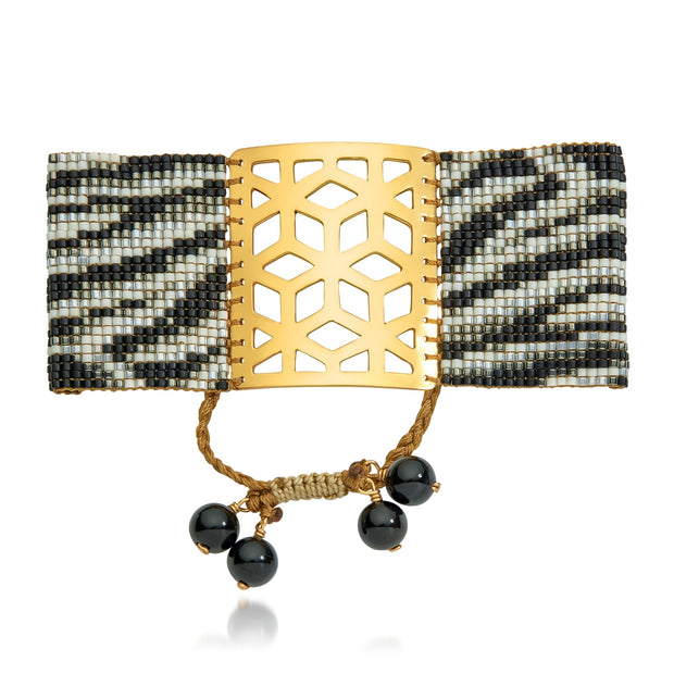 ReRe Wide Black, Grey, Gold Zebra Print, Beaded Bracelet