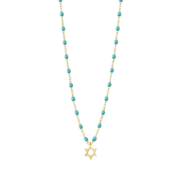 Star of David Necklace, Turquoise Green, Yellow Gold, 16.5"