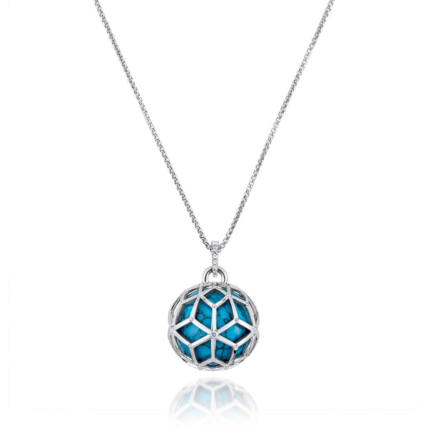 Large Closed Silver Hex Ball, Turquoise pendant necklace
