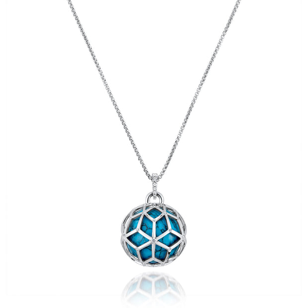 Large Closed Silver Hex Ball, Turquoise pendant necklace